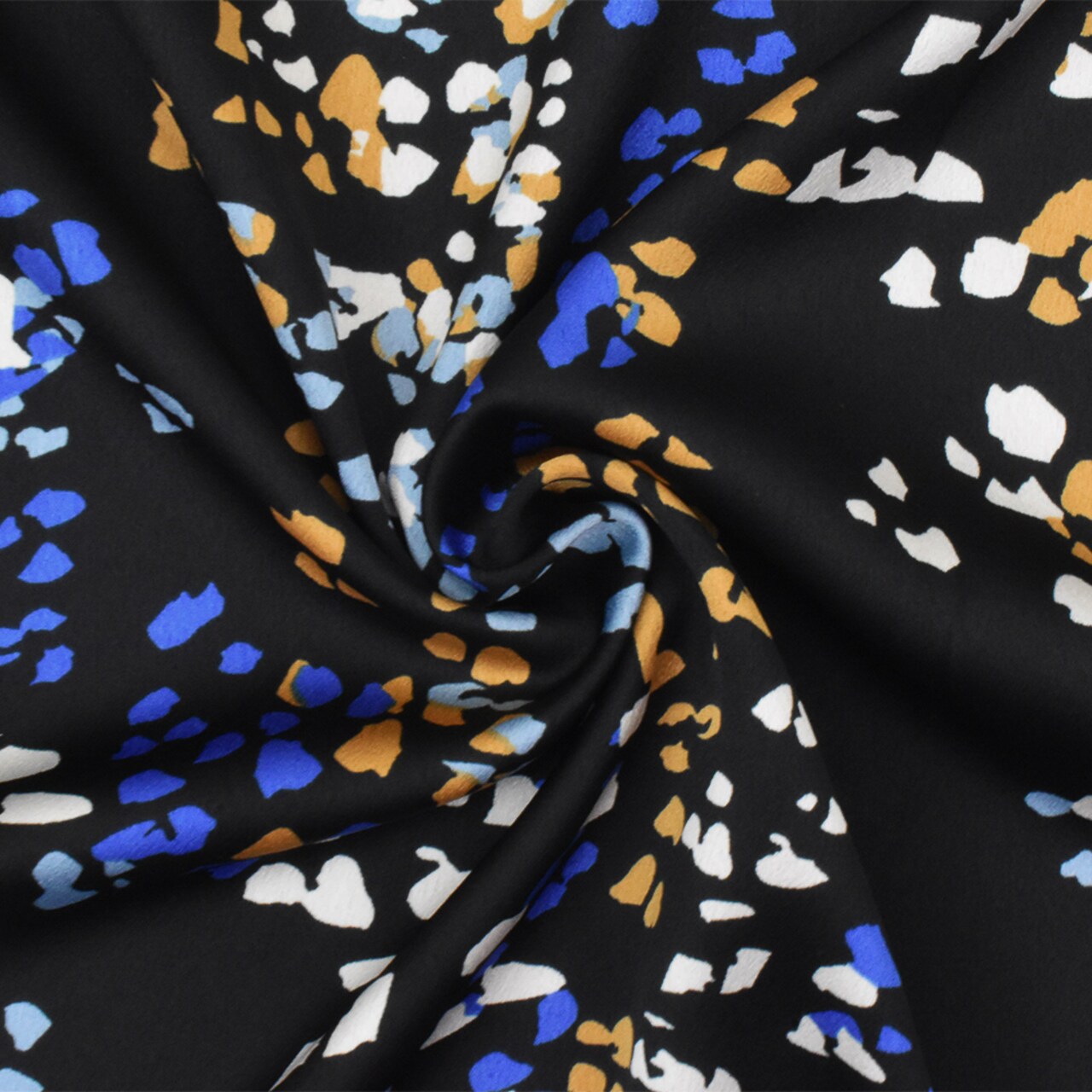 Black-Blue-Multi Abstract Printed Stretch Poly Spandex Satin Woven Fabric By the Yard